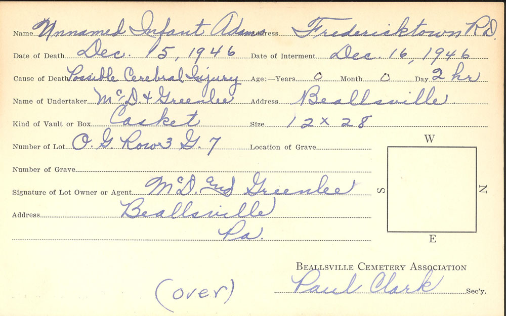 Unnamed Infant Adams burial card